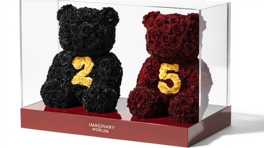 Black and Burgundy Rose Bear Set with Golden Accents - Imaginary Worlds