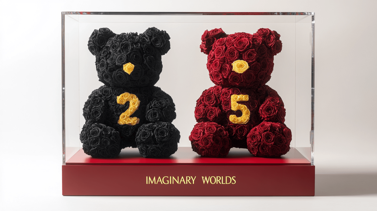 Black and Burgundy Rose Bear Set with Golden Accents - Imaginary Worlds