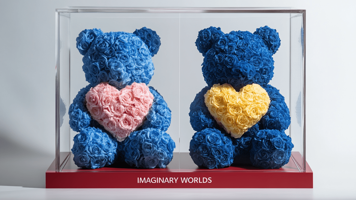 Blue Rose Bear Set with Pink and Yellow Hearts - Imaginary Worlds
