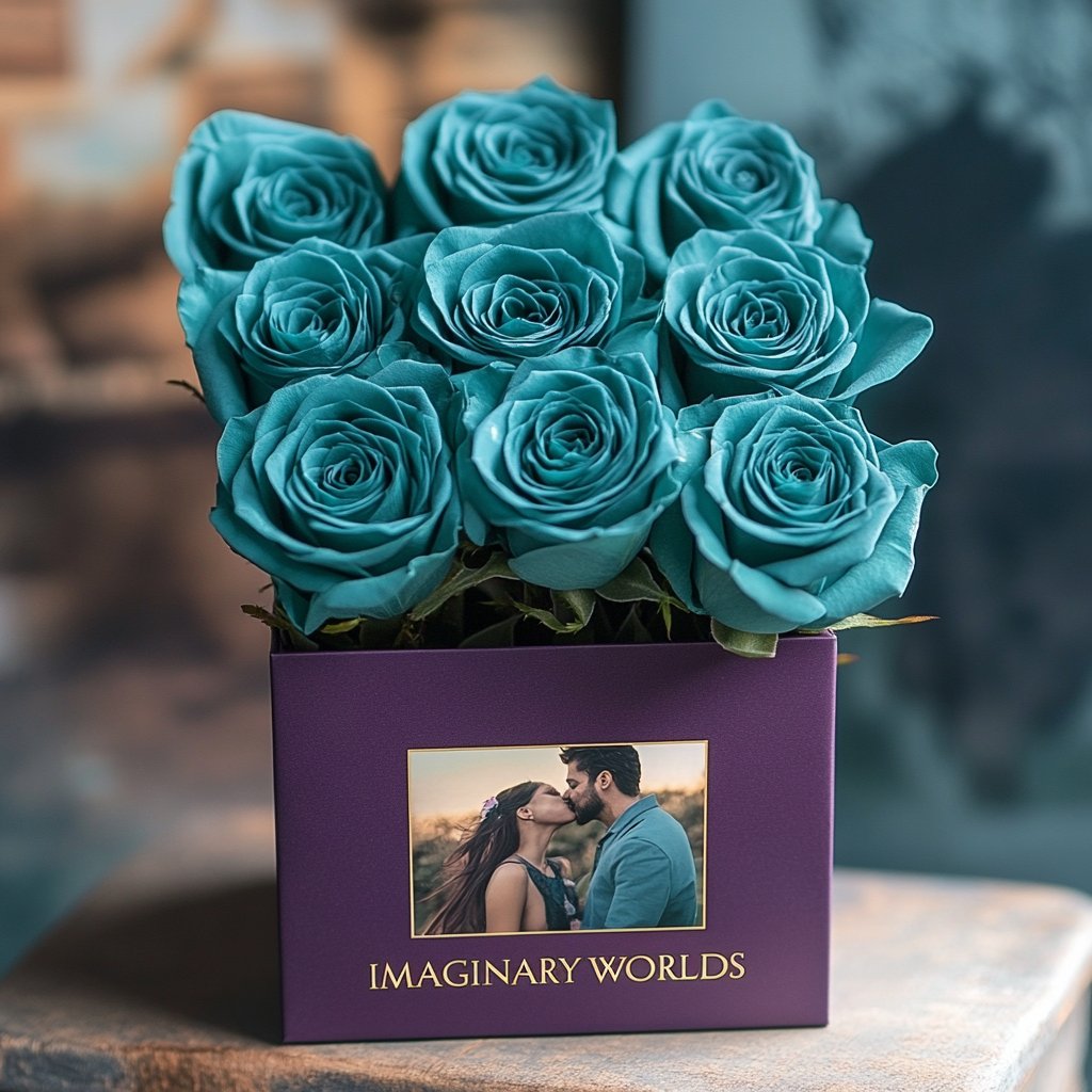 Customized Teal Infinity Roses Box with Photo - Royal Purple Box - Imaginary Worlds