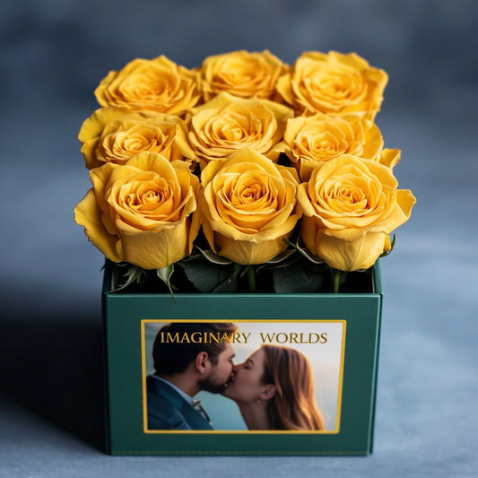Customized Yellow Infinity Roses Box with Photo - Green Box - Imaginary Worlds
