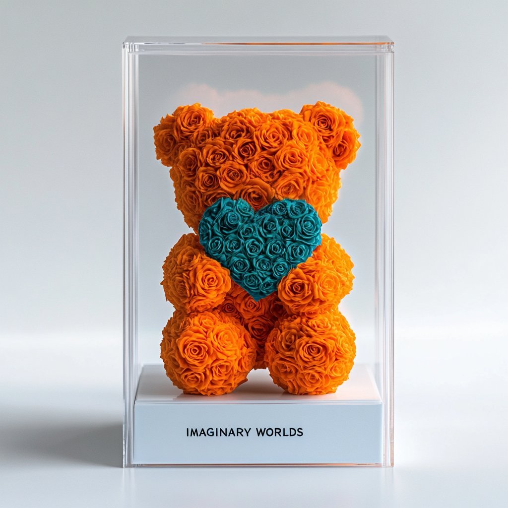 Orange Rose Bear with Pink Heart - Imaginary Worlds