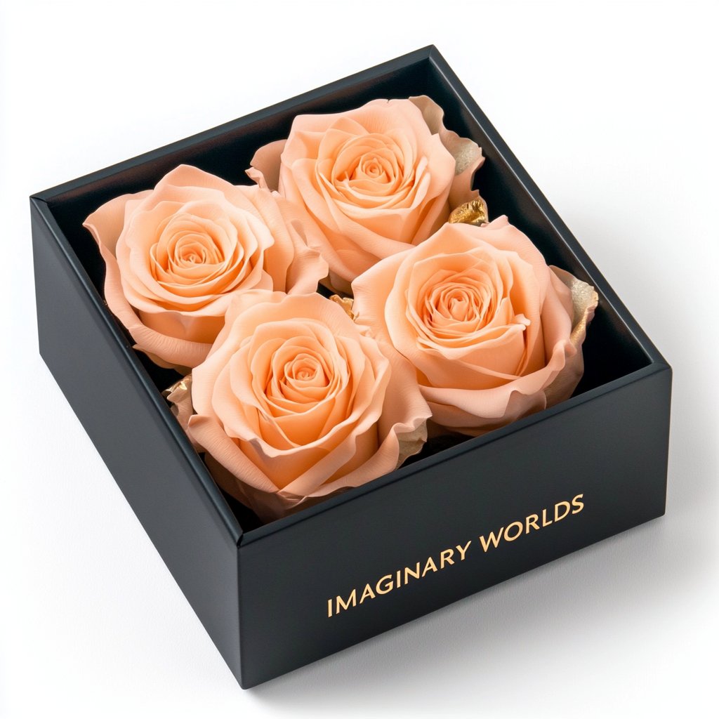 Peach Forever Roses in Black Velvet Box - Imaginary Worlds