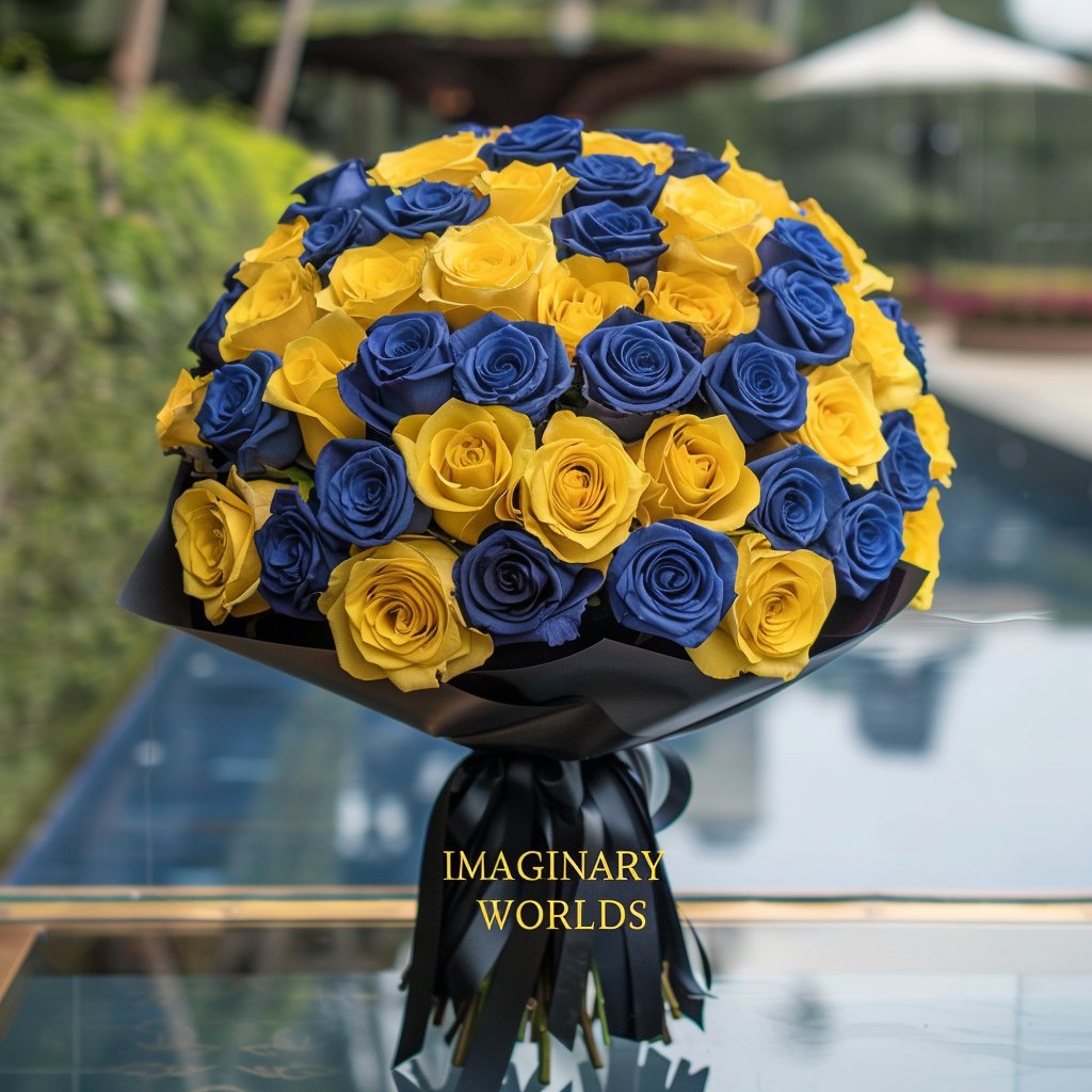 Preserved Yellow and Blue Roses Flower Bouquet - Imaginary Worlds