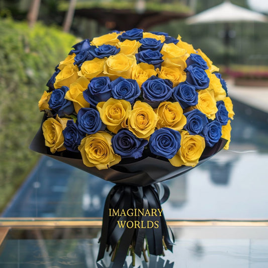 Preserved Yellow and Blue Roses Flower Bouquet - Imaginary Worlds