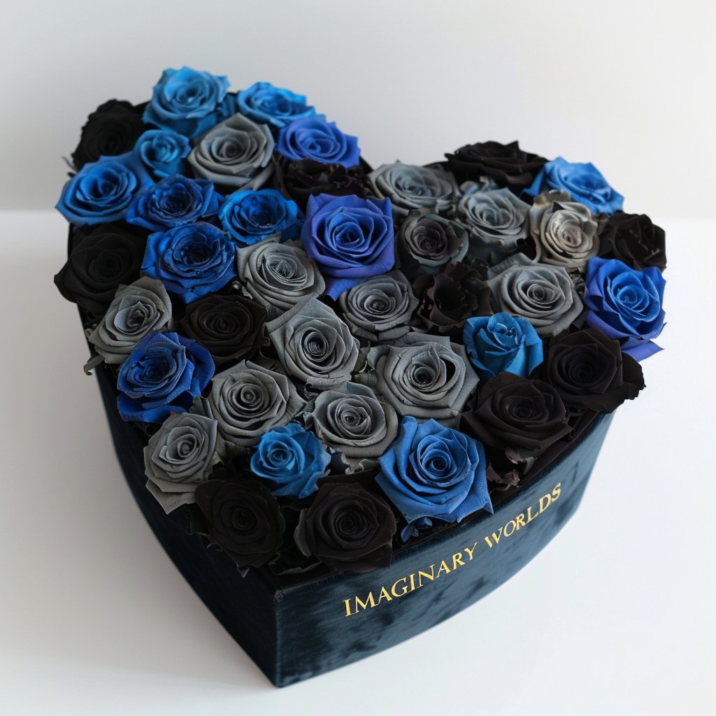 Quartet of Serenity Roses in Heart - Shaped Black Box - Imaginary Worlds