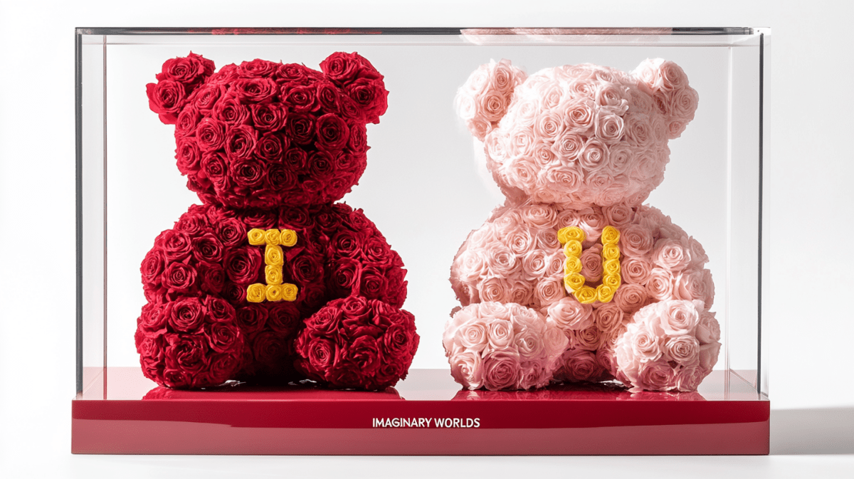 Red and Pink Rose Bear Set with Yellow Letter Accents - Imaginary Worlds