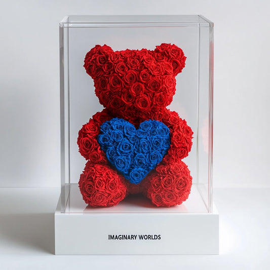 Red Rose Bear with Royal Blue Roses Heart - Imaginary Worlds