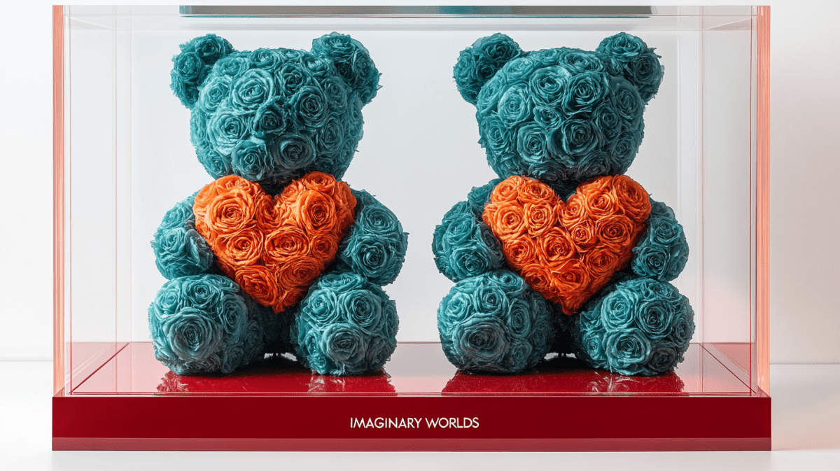 Teal Rose Bear Set with Orange Hearts - Imaginary Worlds