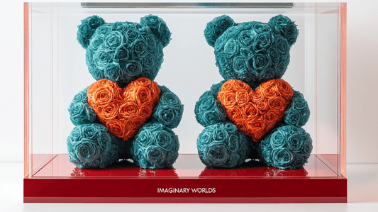 Teal Rose Bear Set with Orange Hearts - Imaginary Worlds