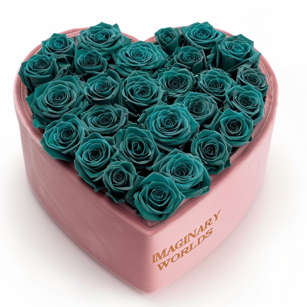 Teal Roses in Light Pink Heart - Shaped Velvet Box - Imaginary Worlds