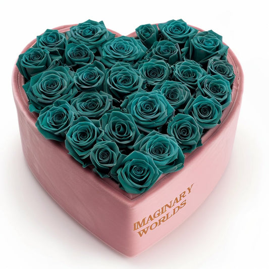 Teal Roses in Light Pink Heart - Shaped Velvet Box - Imaginary Worlds