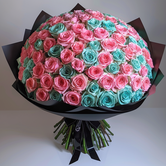 Preserved Pink and Teal Roses Flower Bouquet